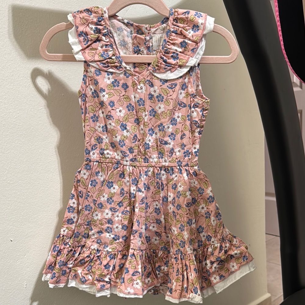 Pink and Gray Ruffled Pleated Sundress with Sailor Collar